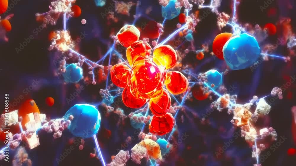 Poster vibrant molecular structure of atoms with colorful reflections in abstract scientific visualization