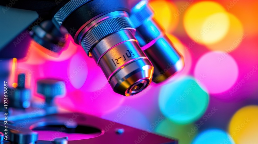 Poster a close-up of a microscope lens with colorful bokeh lights in the background