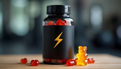 Bottle of gummies with a lightning bolt, symbolizing energy and vitality.