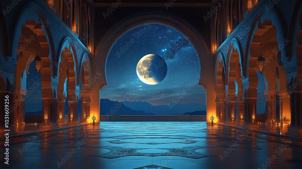 Poster intricately designed mystical window overlooking a crescent moon against a dark sky full of stars th