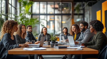 Diverse Business Professionals Collaborating at a Modern Office Meeting