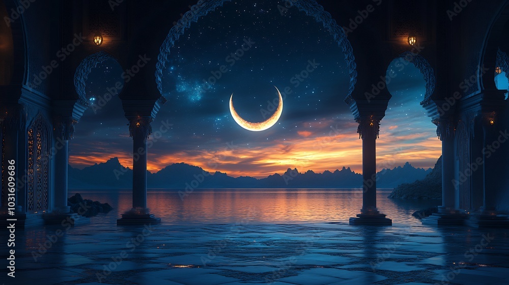 Aufkleber intricately designed mystical window overlooking a crescent moon against a dark sky full of stars th