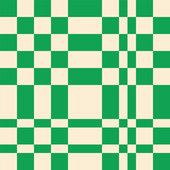 Abstract modern seamless green checkered pattern with offset lines on light background, flat style