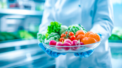 A chef in a white coat and blue gloves presents a glass plate filled with colorful fresh vegetables and fruits in a modern kitchen. The bright setting highlights the freshness of the produce