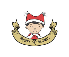 Cartoon of Cute Children Boy with Merry Christmas Banner