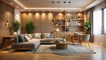 Fototapeta premium Modern Minimalist Interior Design in Low Light, Bright Spaces with Wooden Accents and Stylish Decor for Contemporary Homes