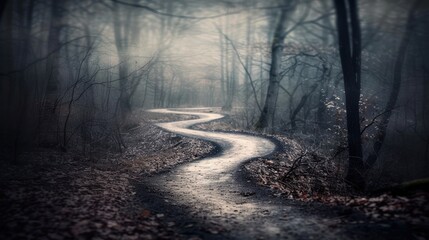 Obraz premium Serene Winding Path Through Misty Forest Landscape