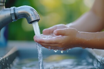 A child cupping their hands under a public tap, waiting for water to flow.