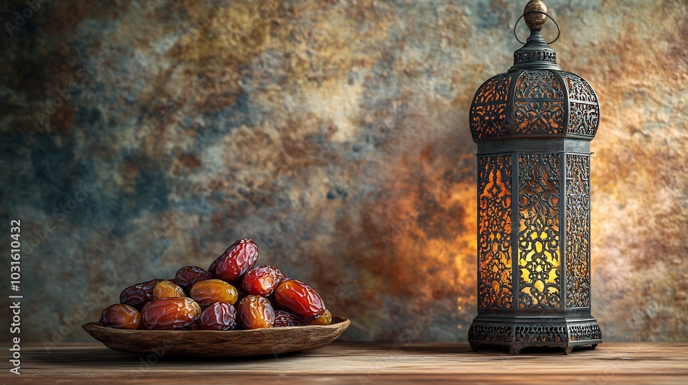 Poster Inviting Ramadan scene showcasing plump dates in the foreground next to an ornate lantern resting on a wooden table complemented by a soft textured wall background with space for text on the right
