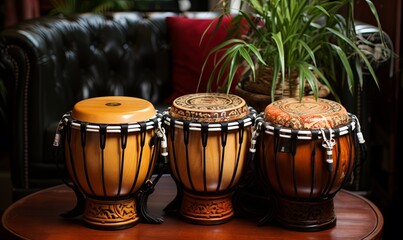 Three Drums on Wooden Table