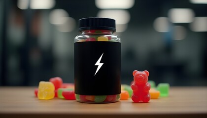 A jar of colorful gummies on a table symbolizes energy and fitness. Testosterone supplements.