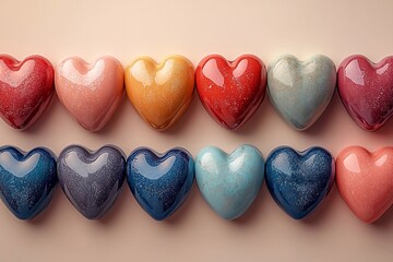 Fototapeta premium Alternating rows of hearts, each row a different color, forming a perfect, symmetrical pattern on a soft beige background.