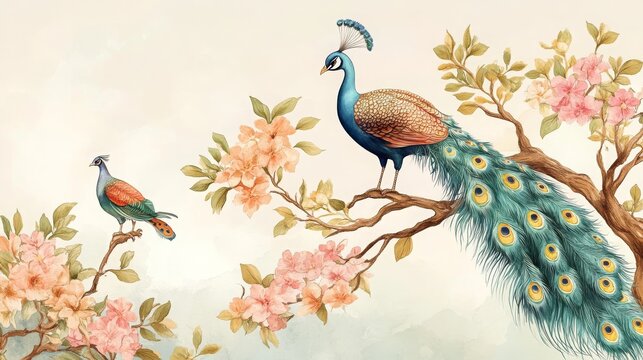 Traditional Mughal garden illustration. Mughal mural wallpaper design, birds, peacock, watercolor background. --