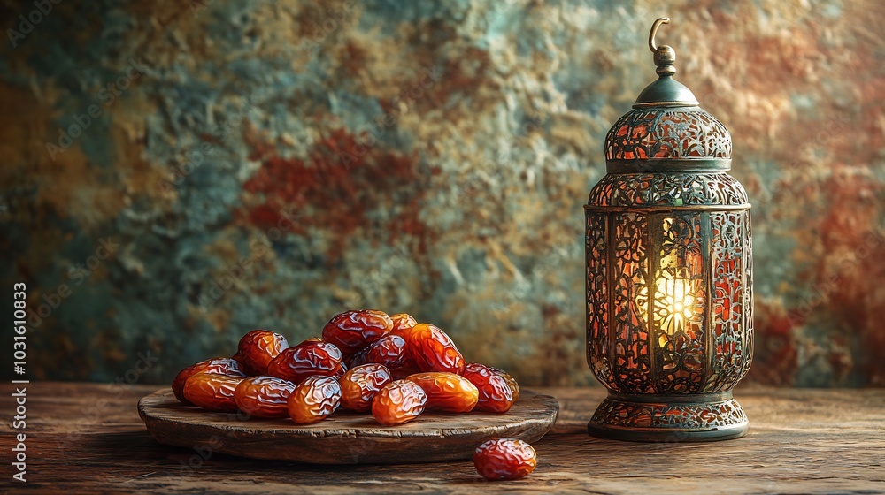 Poster inviting ramadan scene showcasing plump dates in the foreground next to an ornate lantern resting on