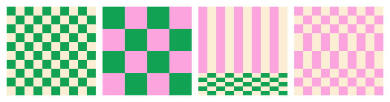Set of abstract modern seamless green checkered and vertical striped patterns in pink and green color on light background, flat style