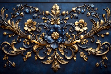 Arabic ornamental designs with flowing curves, floral elements, and gold accents on a deep royal blue background, creating an opulent look.