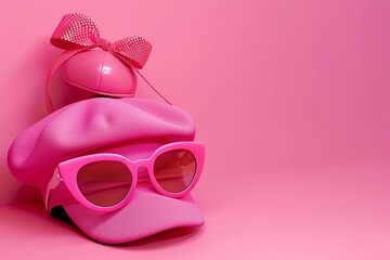A ballet hat glasses and bag are placed together on the background