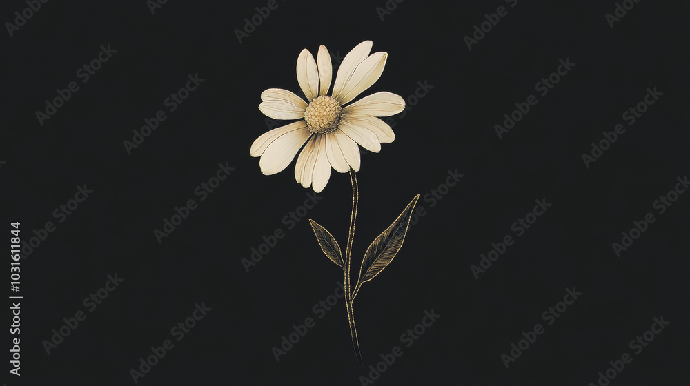 Wall mural A delicate embroidery design featuring a tiny wildflower, like a daisy or chamomile. It's perfect for creating a vintage-inspired textile print or black fashion design.