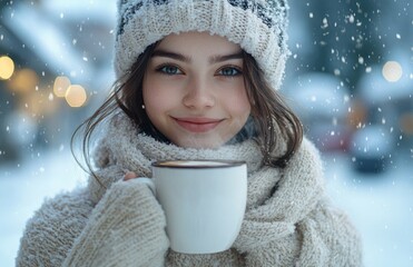 Young woman drinks coffee outdoors in snowy winter park - Powered by Adobe