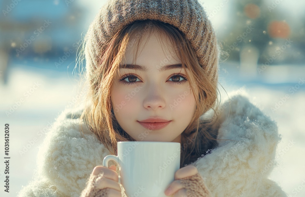 Wall mural young woman drinks coffee outdoors in snowy winter park