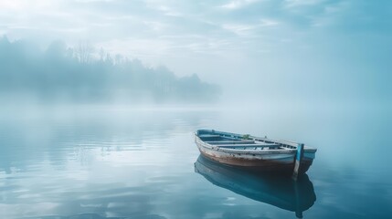 Naklejka premium Serene Boat on Calm Misty Water