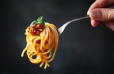 Mans Hand Holding Fork with Spaghetti Bolognese