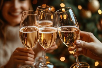 Champagne glasses drink wine on Christmas or new year night celebration on bokeh lights background