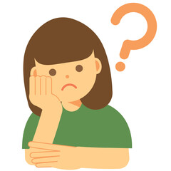 考える、分からない、困った顔の女性のイラスト
