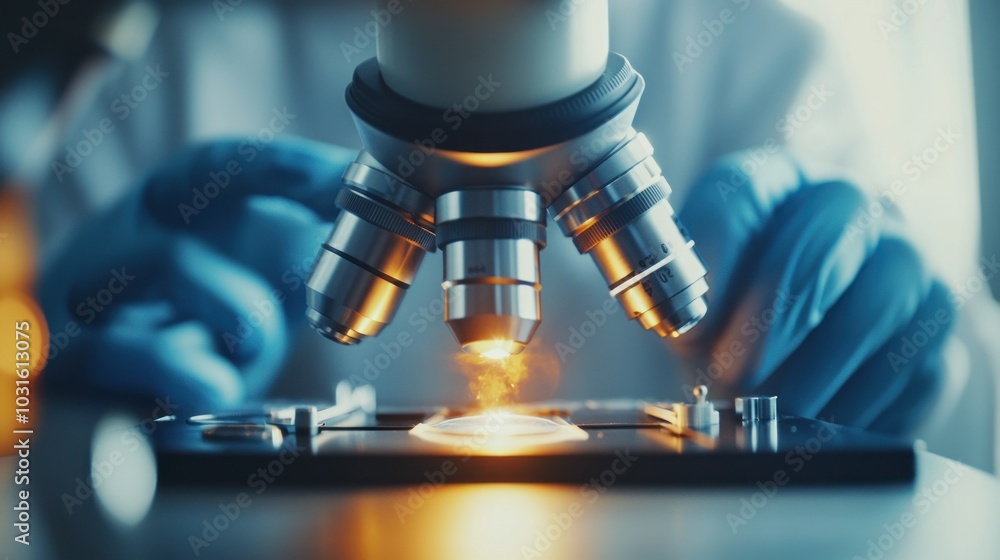 Poster Close-up of a Microscope with Glowing Light Source
