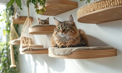 Wall-mounted cat tree condo with floating shelves, climbing poles, and hammock beds, maximizing vertical space and providing cats with an elevated, Generative AI