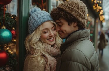Fototapeta premium Young Couple Embracing and Kissing in Christmas Store