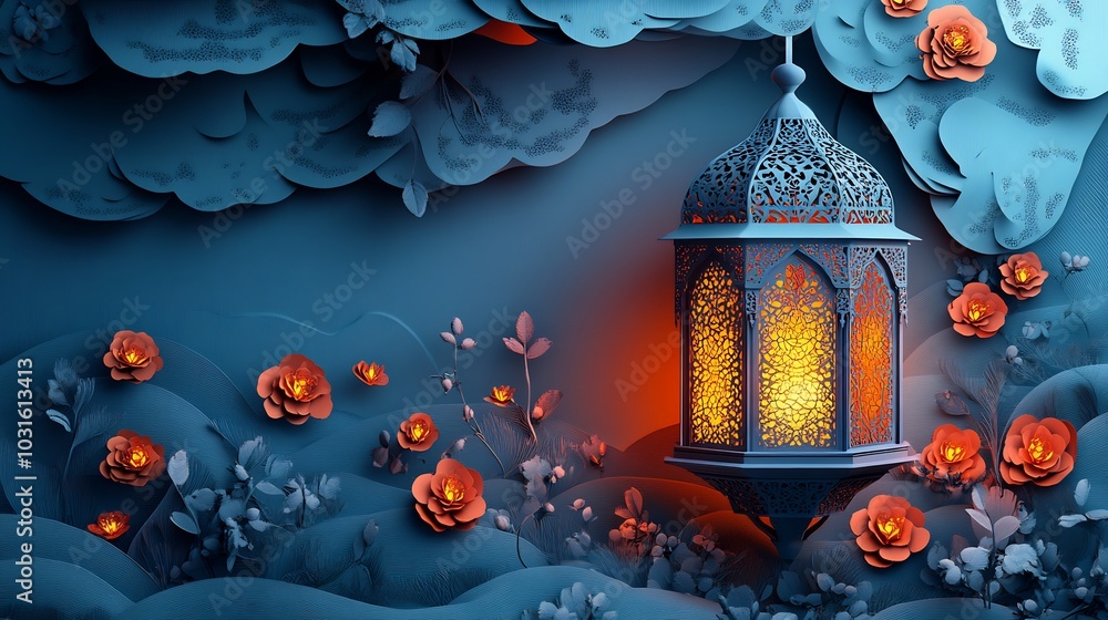 Poster ornate paper cut style banner featuring a large central islamic lantern adorned with intricate patte