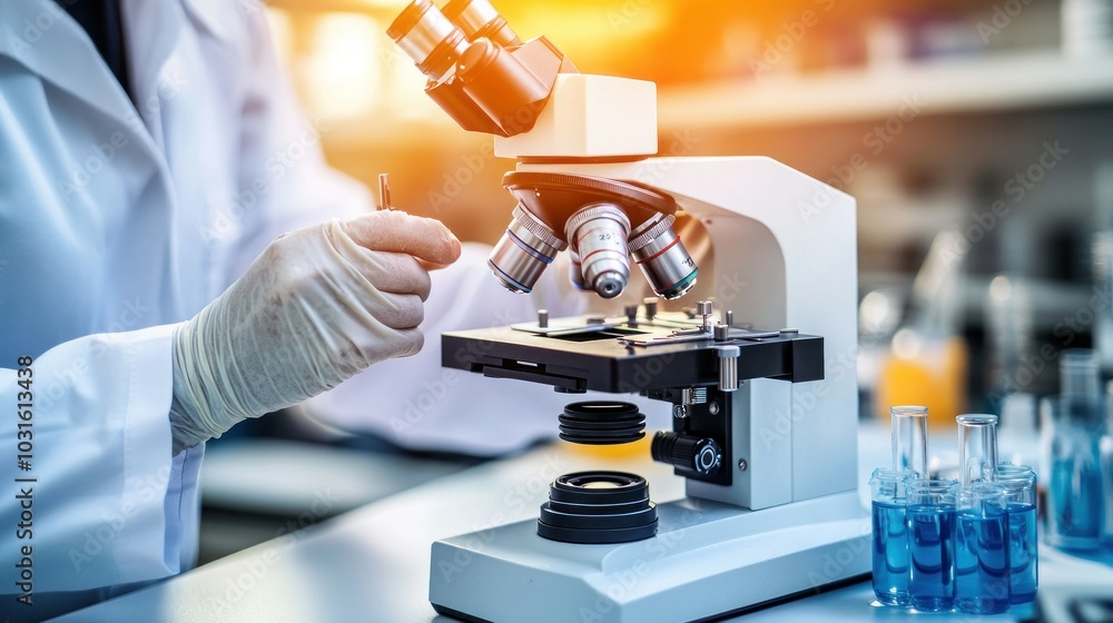 Poster Scientist in Lab Coat Using a Microscope