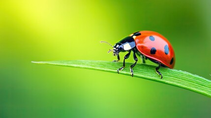 A close-up of a ladybug with black spots on a green blade of grass with a blurred green background.