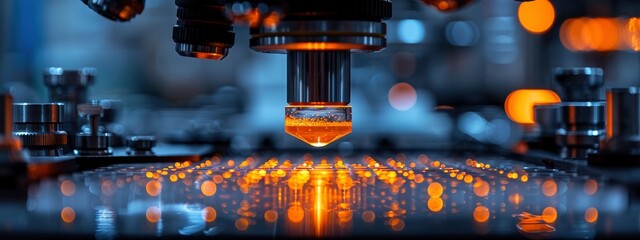 close up of scientistic microscope on blurred blue background. medicine of the future. concept of research. analysis and observation, innovation.  banner 