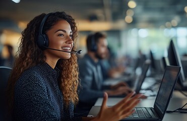 Young Business Woman and Man with Headsets in Call Center Office