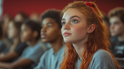 Obraz premium A young woman with red hair looks attentively at the speaker during a lecture. She sits among other students in a classroom or auditorium.