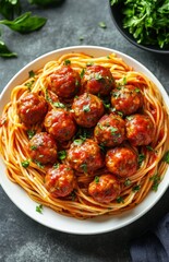 Delicious Spaghetti with Plated Meatballs on a White Plate