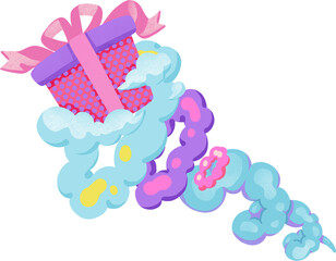pink purple gift box white blue smoke cloud, hand drawn digital painting illustration