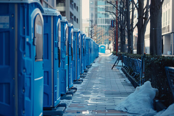 long row of blue portable bio toilet cabins in a city