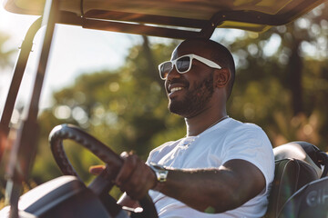 black man in white tshirt in golf car