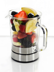 Close-up Photography Front View of  Fresh Colorful Mix of Fruits and Veggies in Blender on White Background. Perfect for a Healthy Eating Concept. Portrait for Mobile Wallpaper