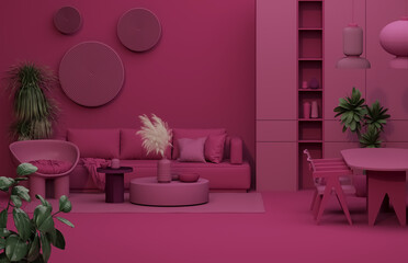 Minimalist interior design of modern living room on burgundy color background. Memphis of luxury living room with stylish armchair, side table, plants and creative home accessories. 3d render