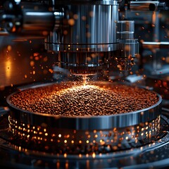 Closeup of a coffee bean roasting machine with roasted coffee beans being dispensed from the machine.