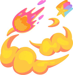 meteor boom yellow smoke rainbos star,  hand drawn digital painting illustration