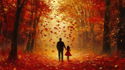 A serene autumn scene of a parent and child walking together amidst falling leaves.