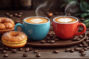 
Cute, cartoonish coffee cups with steam rising, surrounded by coffee beans, croissants, and donuts, creating a fun and cozy cafe vibe.