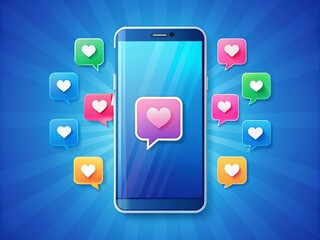 Smartphone Notifications with Chat Bubbles on Blue Background, Like Button and Message Alert Vector Illustration