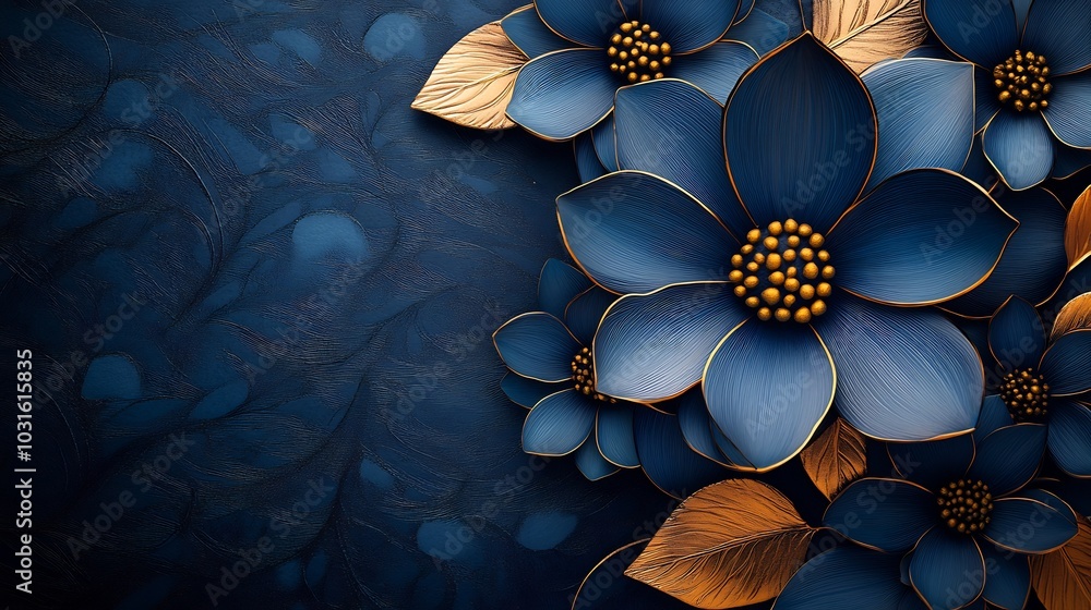 Poster bold contrasting colors of navy blue and gold create a dynamic arabesque flower pattern the left sid