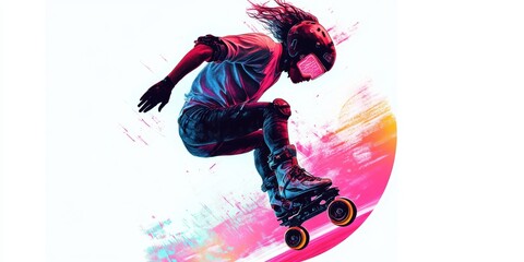 A person in a helmet rollerblading on colorful background.